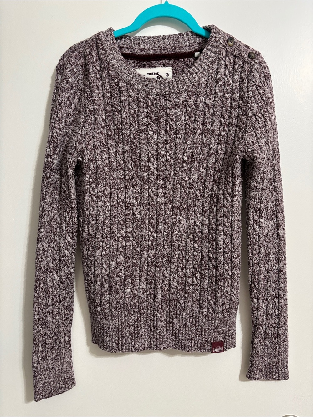 Superdry Heathered Lavender Cable Crewneck Sweater with Shoulder Buttons